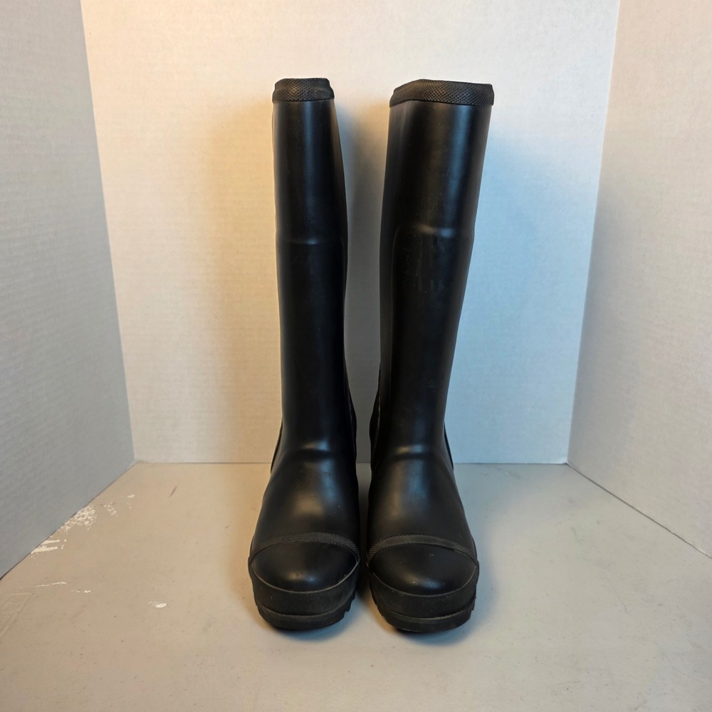 Sorel Medina Rain Boots Womens 8 Black Rubber Tall Wedge Heel Waterproof 3" Heel